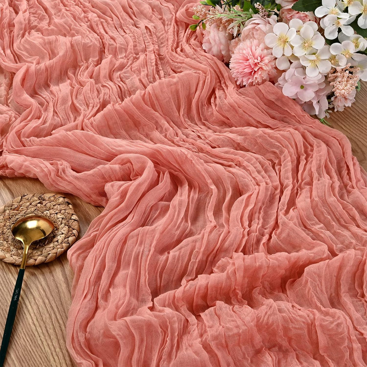 10 Packs Cheesecloth Table Runner - Peach Coral, 10Ft x 35" Rustic Gauze Boho Wedding Table Runner Decoration for Wedding Party Bridal Shower