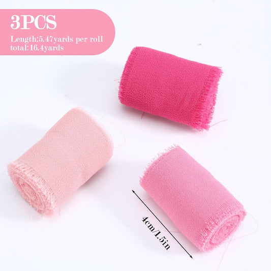 3 Rolls Hot Pink Pastel Pink Handmade Chiffon Ribbon, 1.5''x16.4yd Chiffon Ribbon Frayed Fringe Silk Ribbons for Gift Wrapping Wreaths Bridal Flower Bouquet Wedding Invitations Handmade Decor