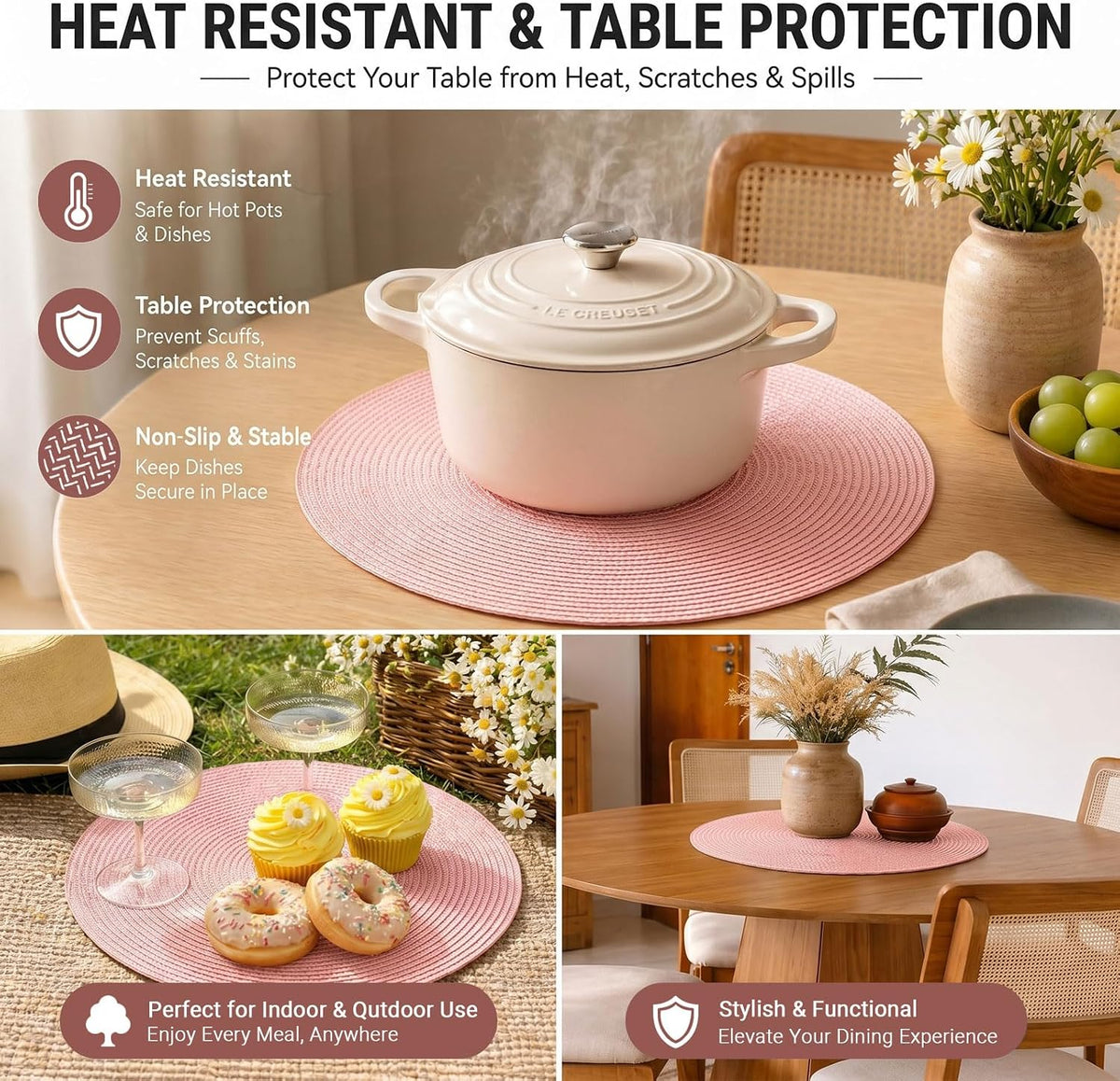 Round Braided Placemats Set of 8 Place Mats for Dining Table Woven Washable Non-Slip Table Mats 15 Inch(Pink,8pcs)