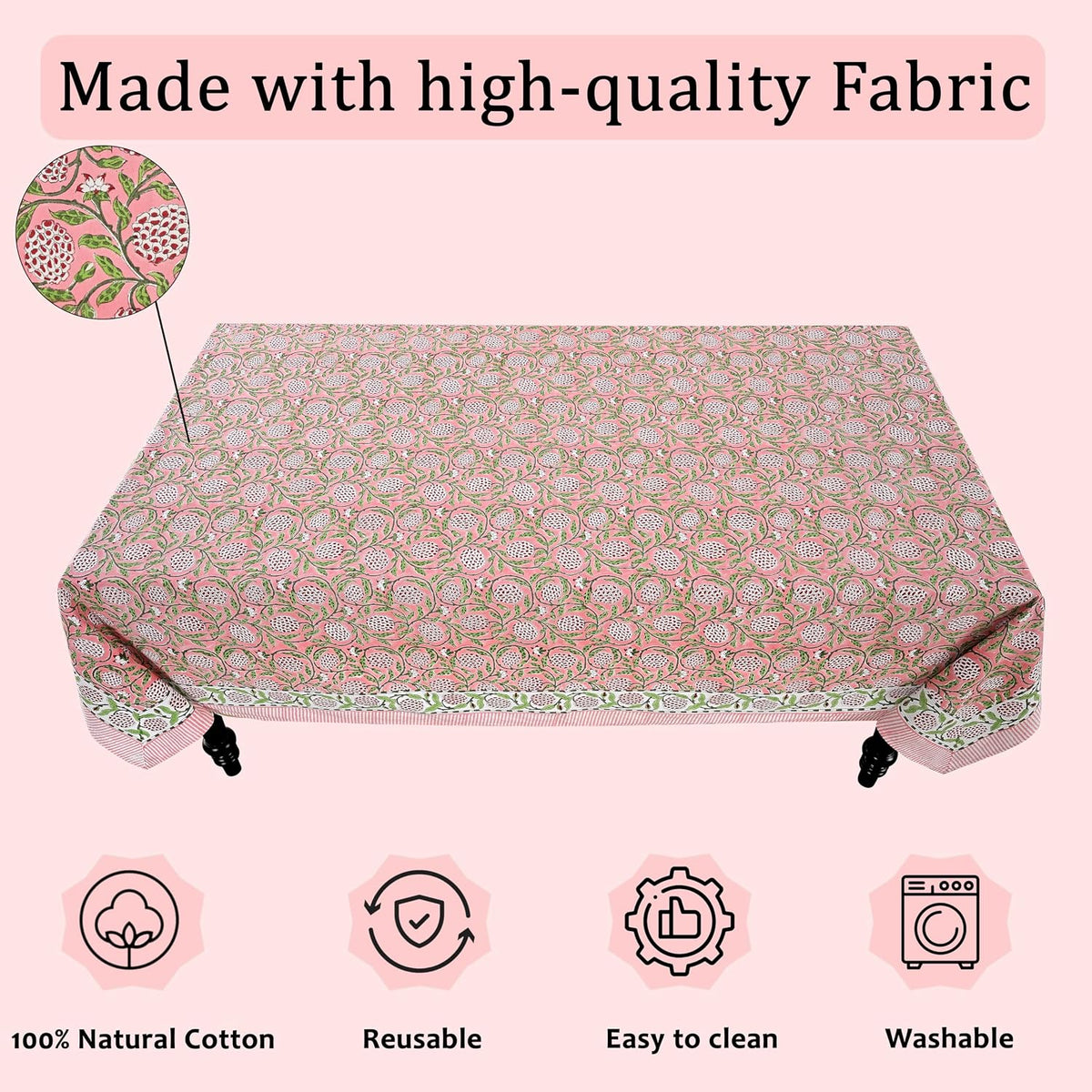 Strawberry Pink Hand Block Print Cotton Tablecloth 90 x 60 Inch
