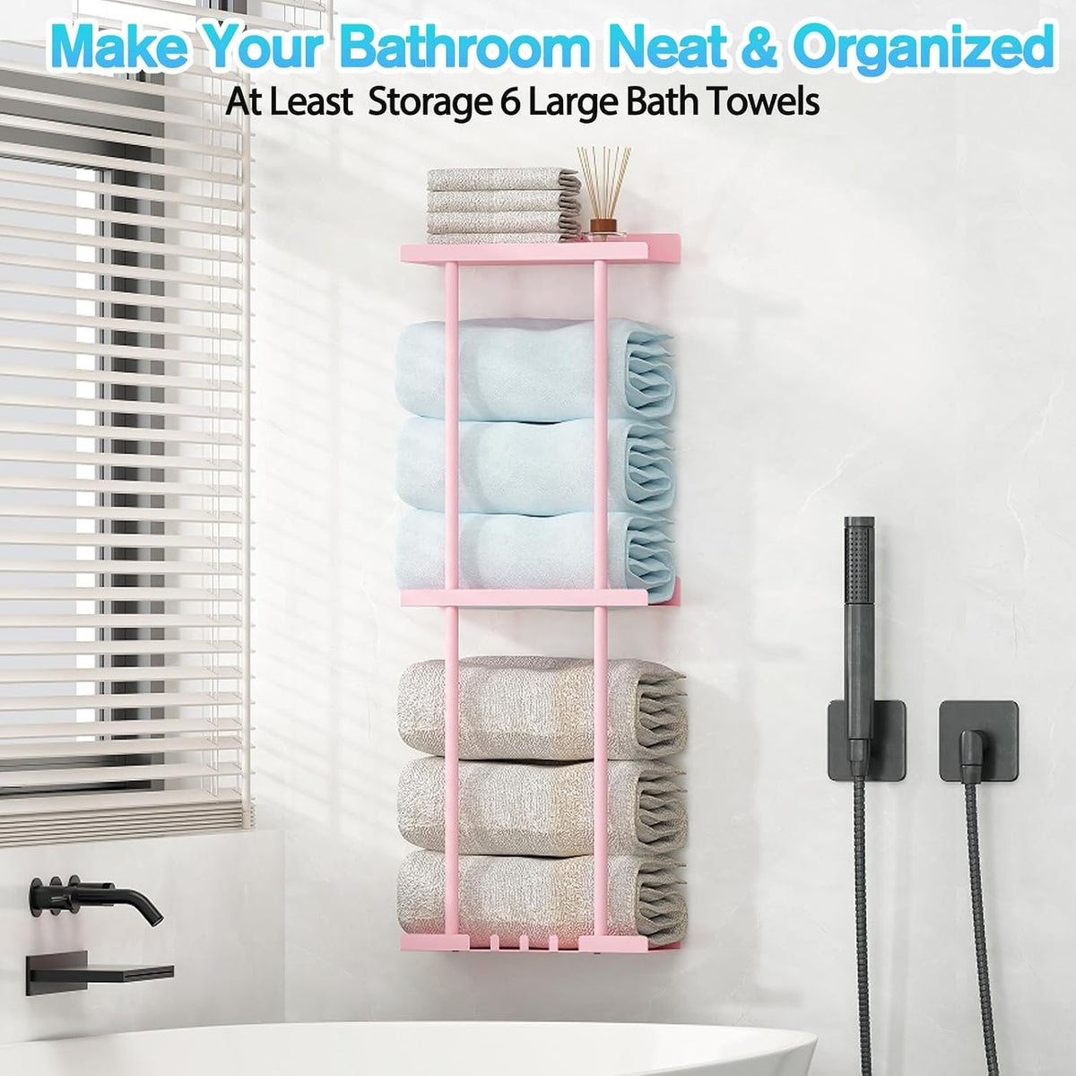 Towel Rack for Bathroom, Wall Mounted Vertical Rolled Towel Storage Organizer Holder with Shelf, Holds Up 6 Large Bath Sheets, Pink Large Size