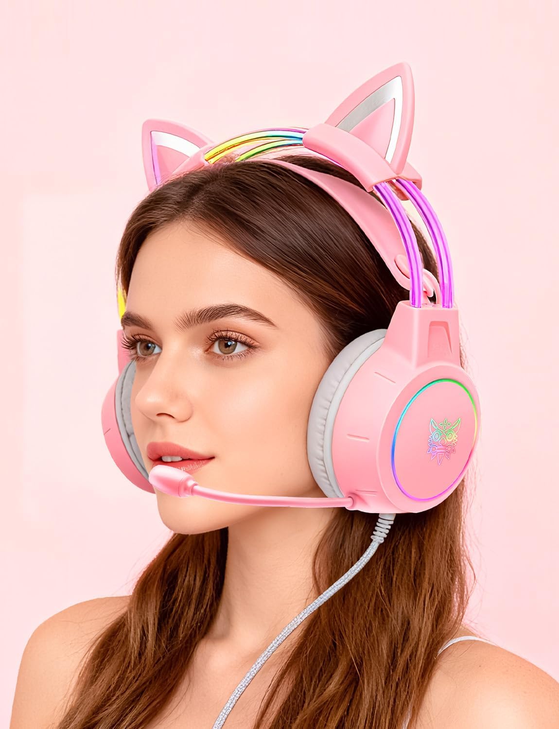 Lightweight Gaming Headset, RGB Lighting, Wired Over Ear Headphones with Mic for PC Laptop PS4 PS5 Switch, Stereo Surround Sound, Self-Adjusting Headband, Pink Cat Ear