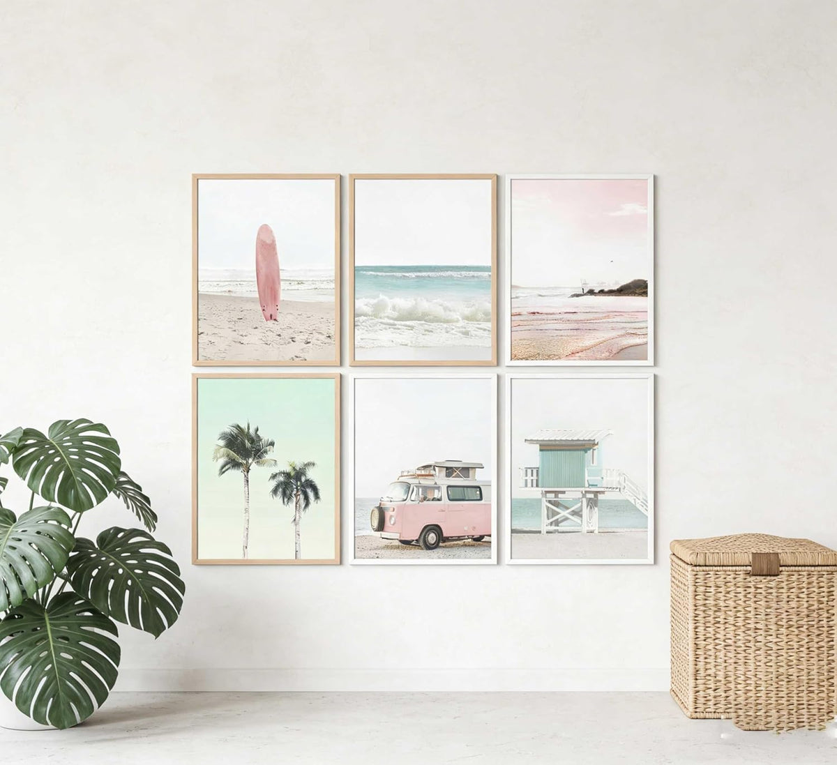 6 Pcs Pastel Pink Beach Wall Art - Coastal Poster Wall Decor