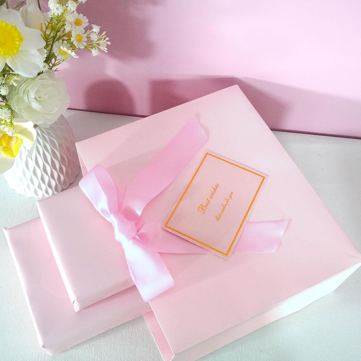 Elegant Pink Gift Bag 11.8"x4.5"x9.8" with Ribbons Handles, Includes Card and Tissue for Weddings, Birthdays, Baby Shower Parties, Holidays