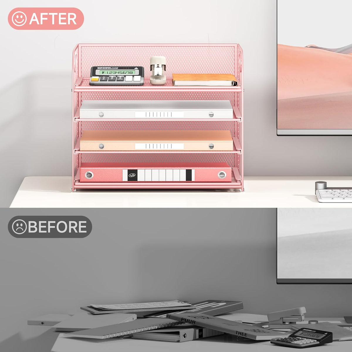 4-Tier Paper Organizer for Desk With Handle, Mesh Desktop File Tray, Office Classroom Organization and Storage - Pink