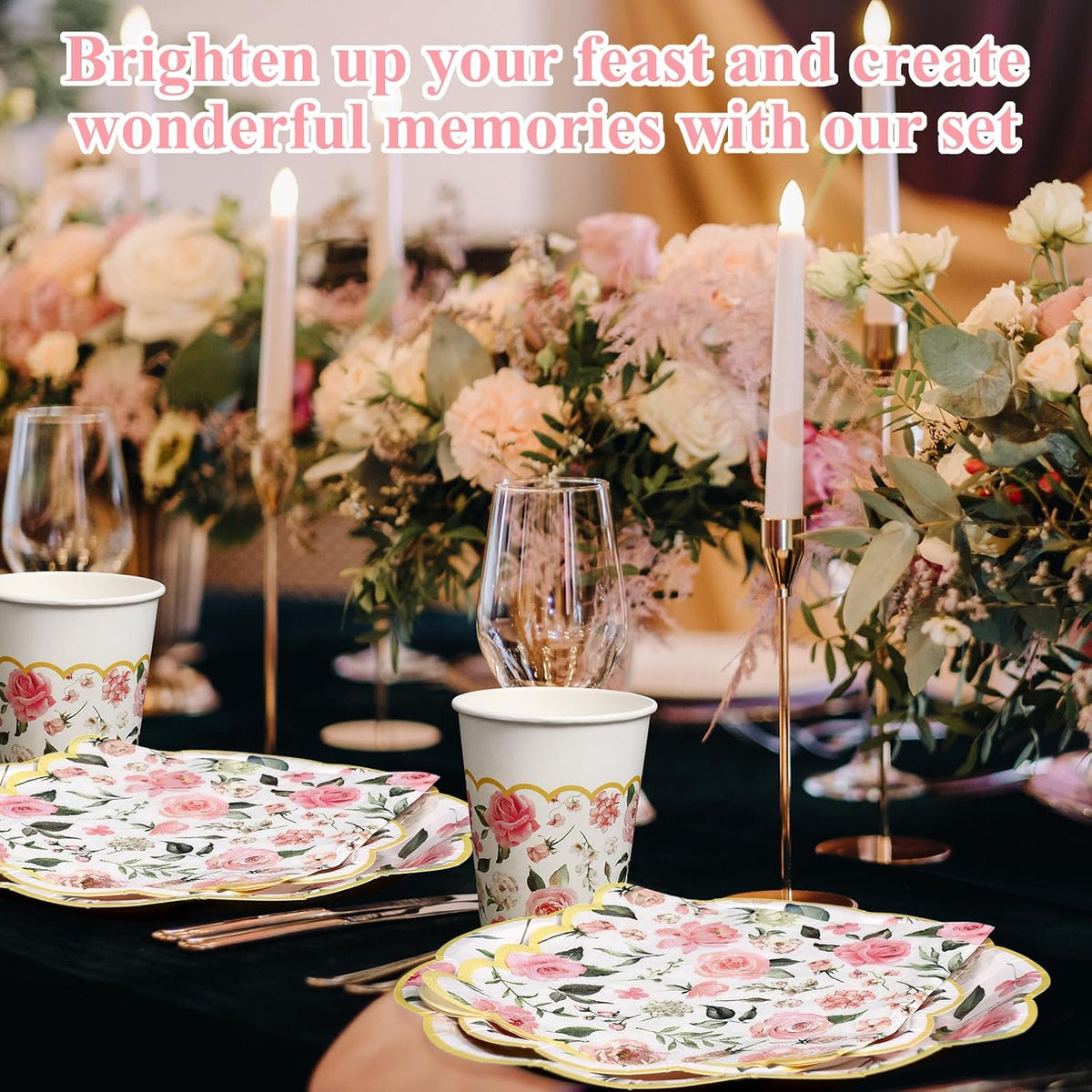 250 Pcs Pink Gold Floral Paper Plates Napkins Cups Serves 50