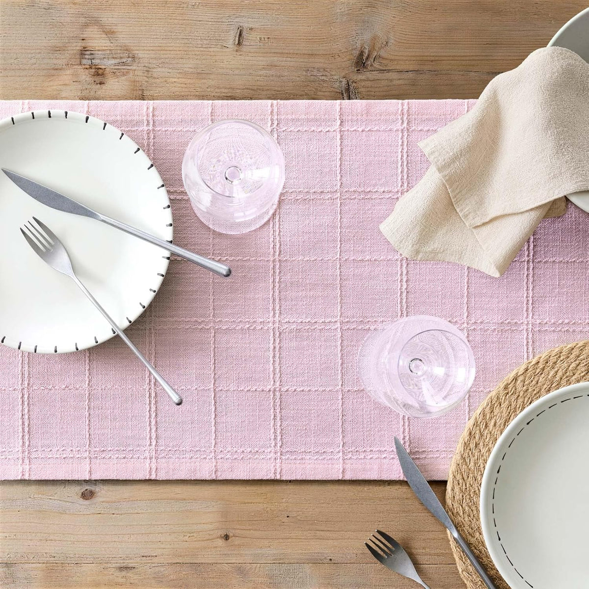 ZeeMart Linen Checked Farmhouse Table Runner, 13x72 Inches Pink