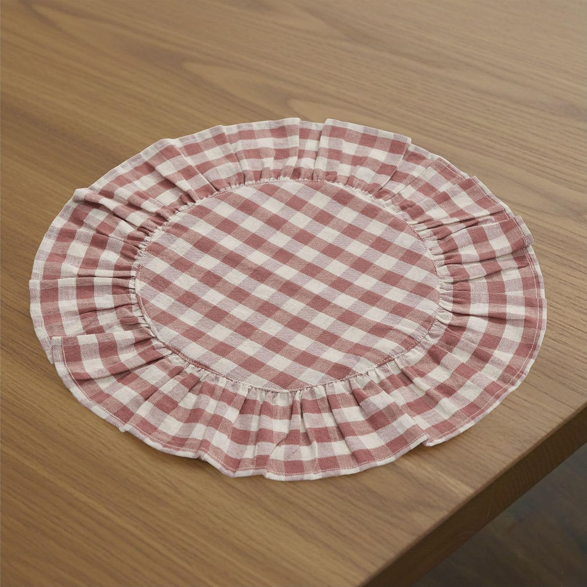 Rosehill Cottage Dusty Rose Gingham Round Ruffled Cotton Placemats - Set of 6-15in Pink & Natural Table Mats