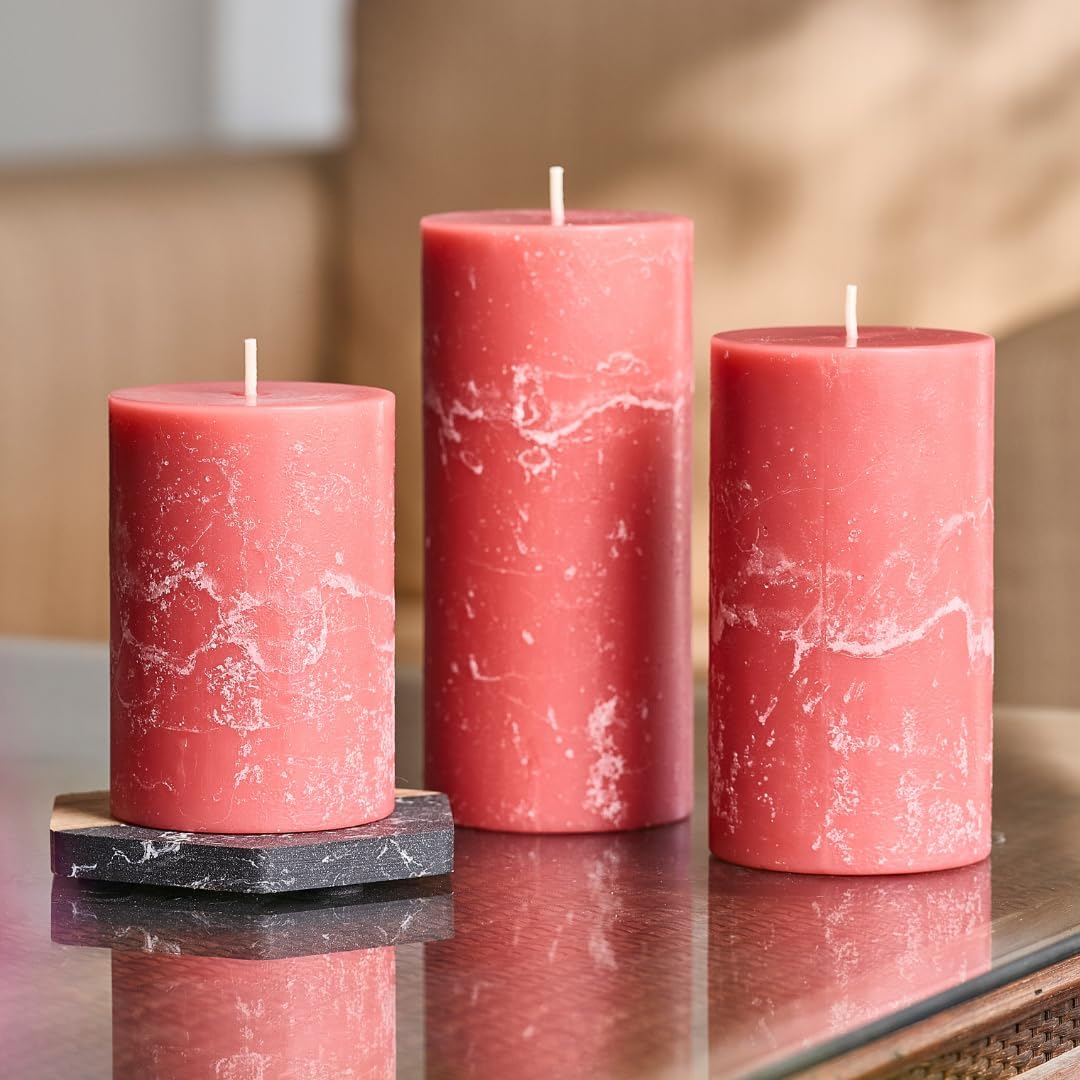 Peony Rose Scented Pillar Candles, Set of 3 Pink Candles, 3x4, 3x5, 3x6