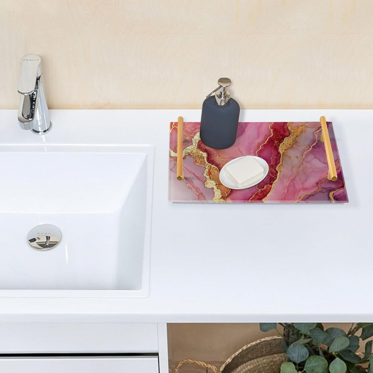 Marble Rose Gold Hot Pink Decorative Tray with Handles with Handles Outdoor Serving Tray for Jewelry Perfume for Restaurant Serving Tabla para servir alimentos