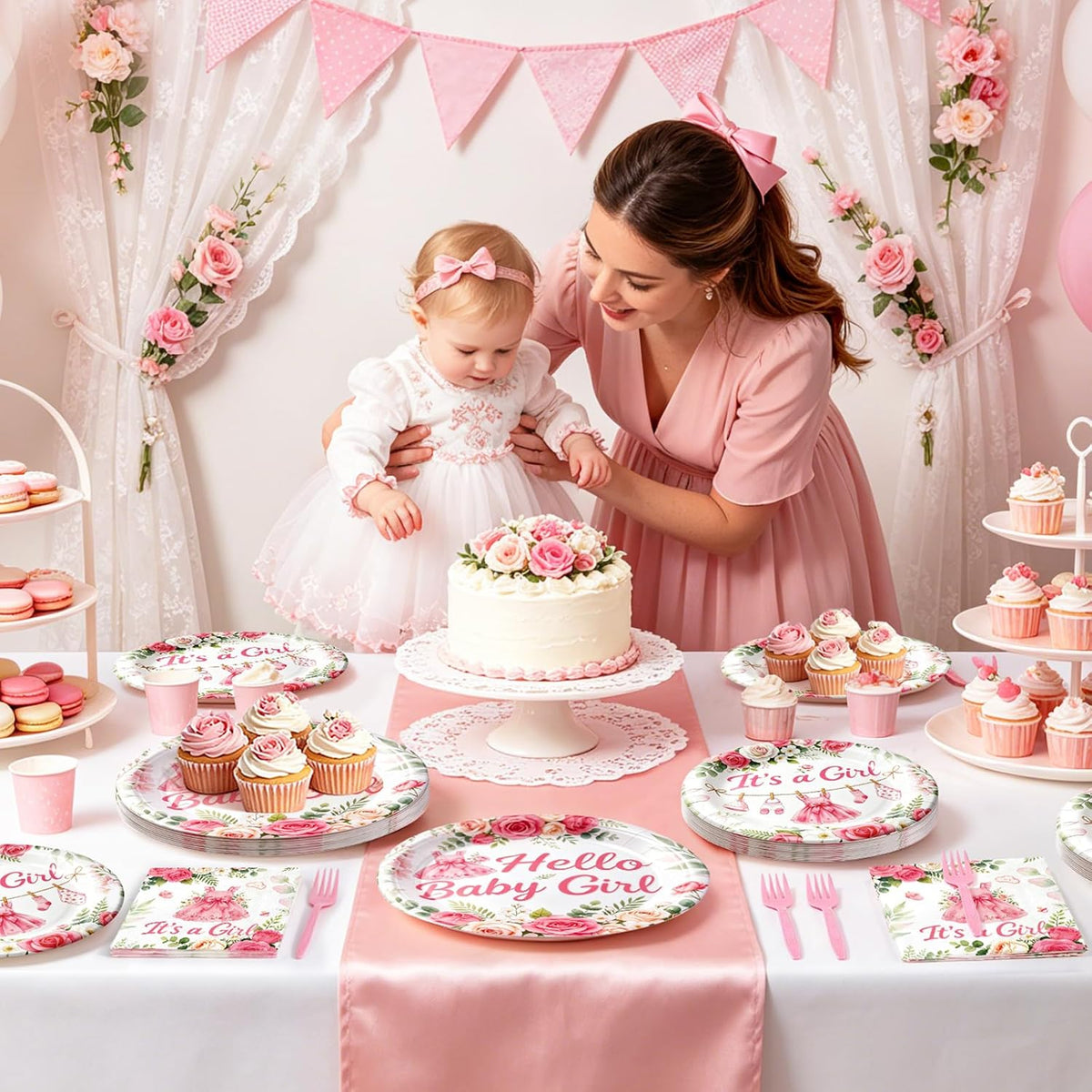 Baby Shower Decorations for Girl, 96Pcs Pink Floral Baby Shower Plates and Napkins Serves 24 Its a Girl Baby Tableware Set for Baby Girls Birthday Party Decorations