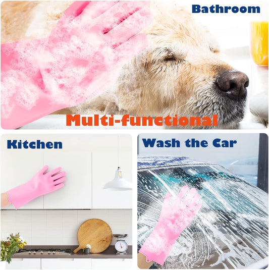 Pet Grooming Gloves, Silicone Gloves Dog Bathing Supplies Hair Removal Gloves, High Density Teeth Bathing Shampoo Shedding Bath Brush Scrubber Washing for DOD and Cat (Pink)