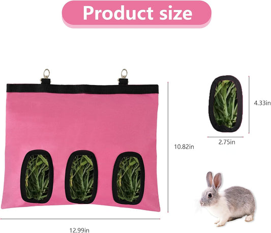 2Pcs Rabbit Hay Feeder Bag, Bunny Guinea Pig Hay Feeder Holder Bag for Rabbits, Hanging Hay Package with Back Hooks, Dispensers Small Animal Food Storage for Rabbits Bunny 13×11In(Pink, 3 Windows)