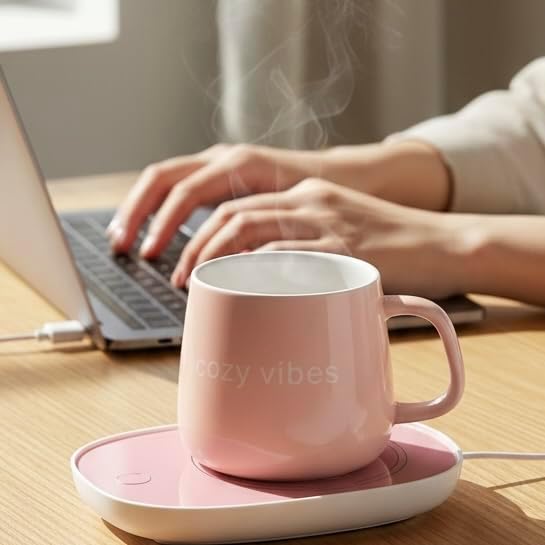 Coffee Mug Warmer with Ceramic Mug, Electric Cup Warmer for Desk, Auto Shut Off, Pink Cozy Vibes