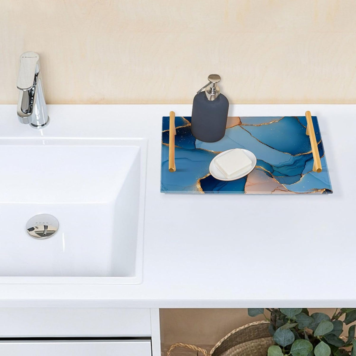 Marble Royal Blue Peach Decorative Tray with Handles with Handles Trays for Coffee Table for Jewelry Perfume for Farmhouse Serving bandeja de decoracion para sala