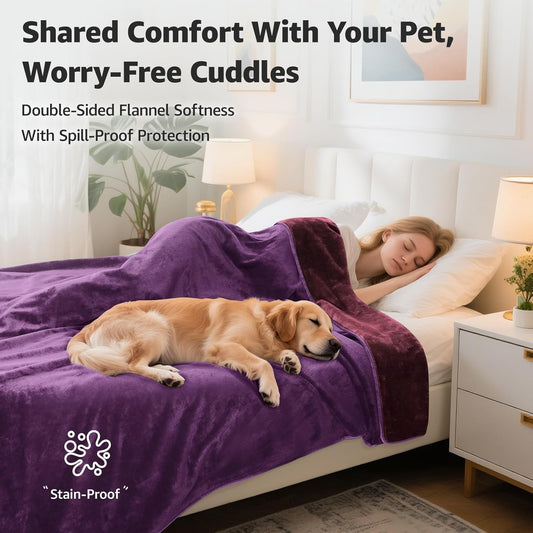 LOOBANI Waterproof Blanket for Bed: Reversible Soft Flannel Twin Bed Blanket 60" x 80", Leakproof Throw Spill-Proof Dog Pet Blanket for Couch, Sofa Protect, Movie Time, Camping, Travel, Purple