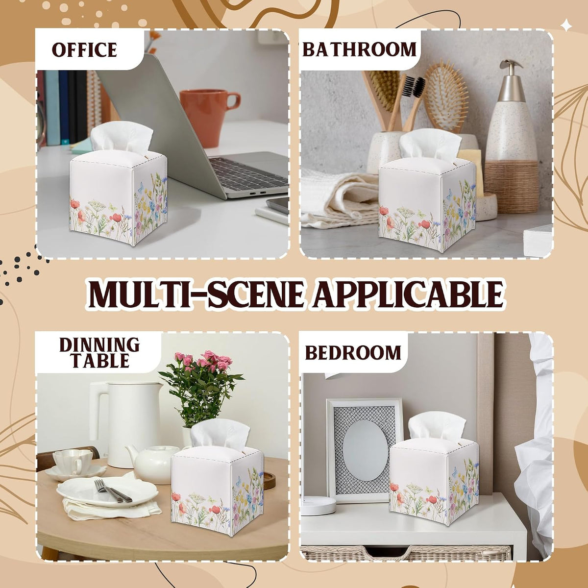 Spring Pink Flowers & Butterfly PU Leather Tissue Box Cover - Seasonal Decorative Tissue Holder - Waterproof Dispenser Box - Facial Paper Organizer Home Decor for Living Room, Bathroom, Office - A04
