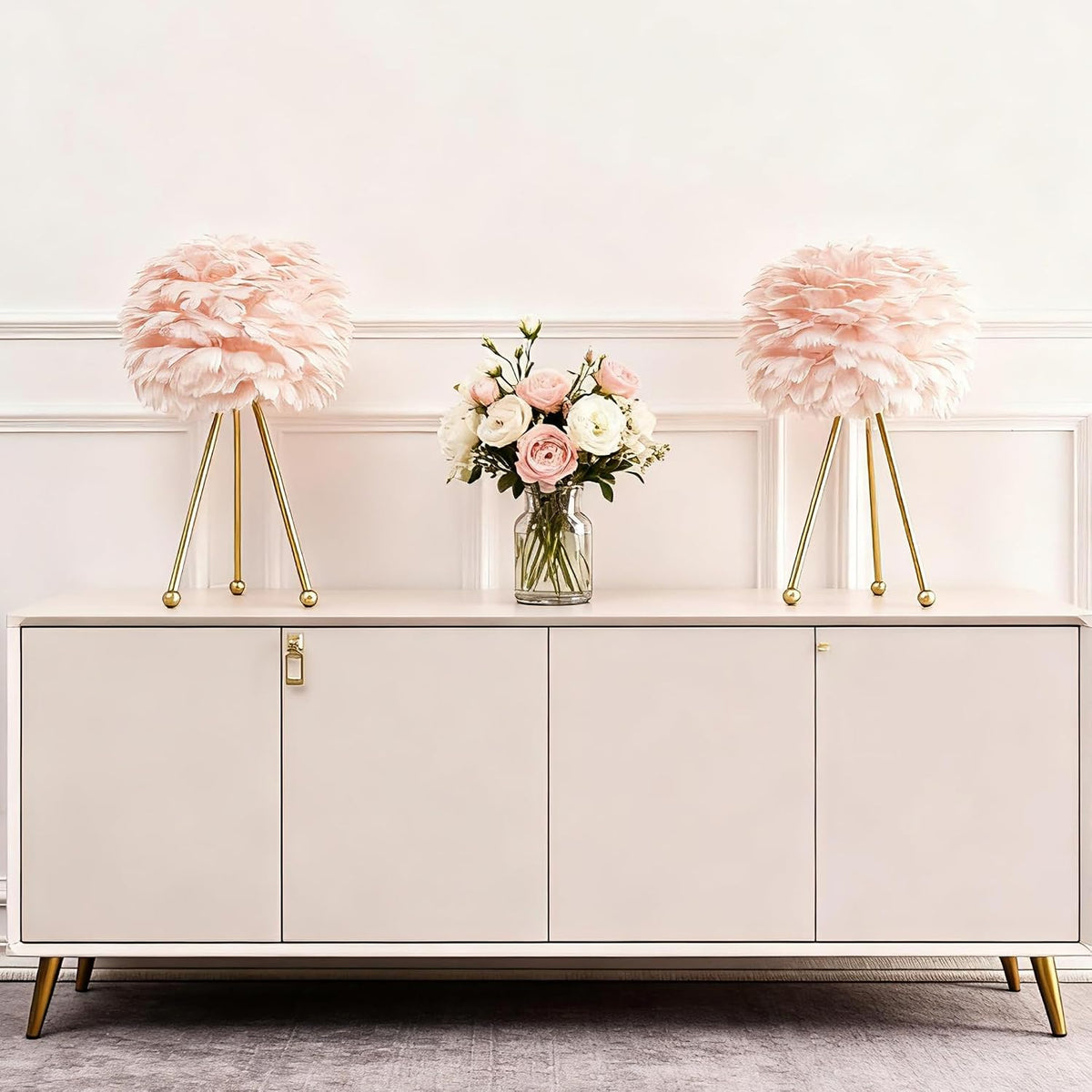 Pink Feather Table Lamps Set of 2, 19" Modern Feather Bedside Lamp, Gold Tripod End Table Lamps for Living Room, Bedroom, Dining Room