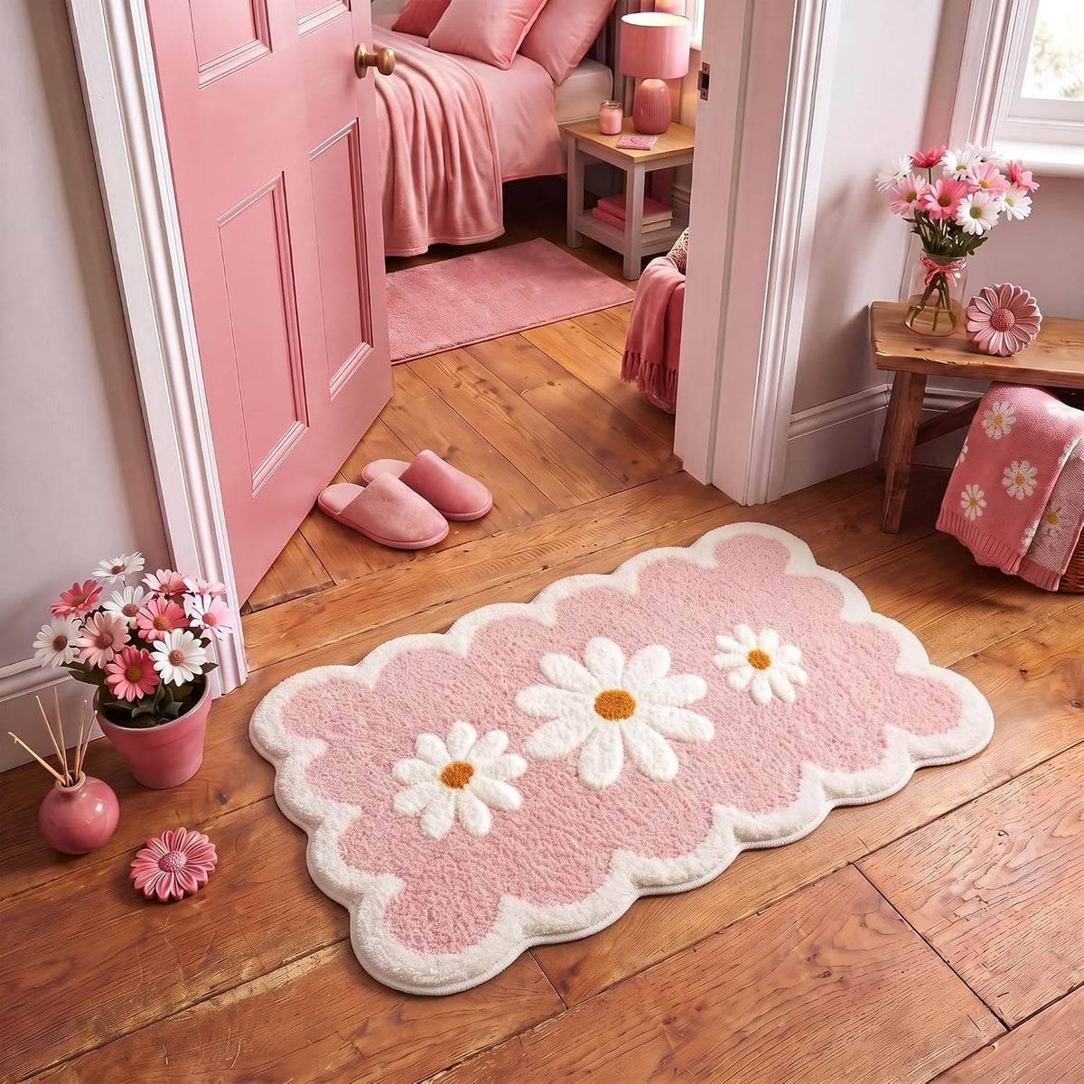 Pink Daisy Bathroom Rug 24 x 16 in Scalloped Bath Mat