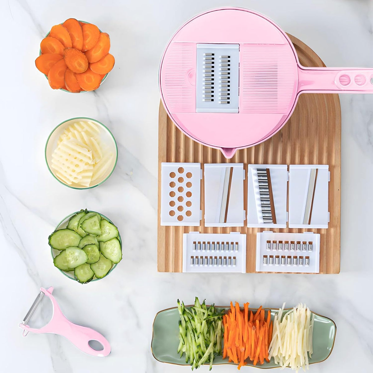 Multifunction mandoline slicer;vegetable chopper;vegetable slicer;food slicer;food chopper;chopper container;onion chopper;mandoline food slicer;vegetable cutter;chopping artifact (pink, 9 in 1)