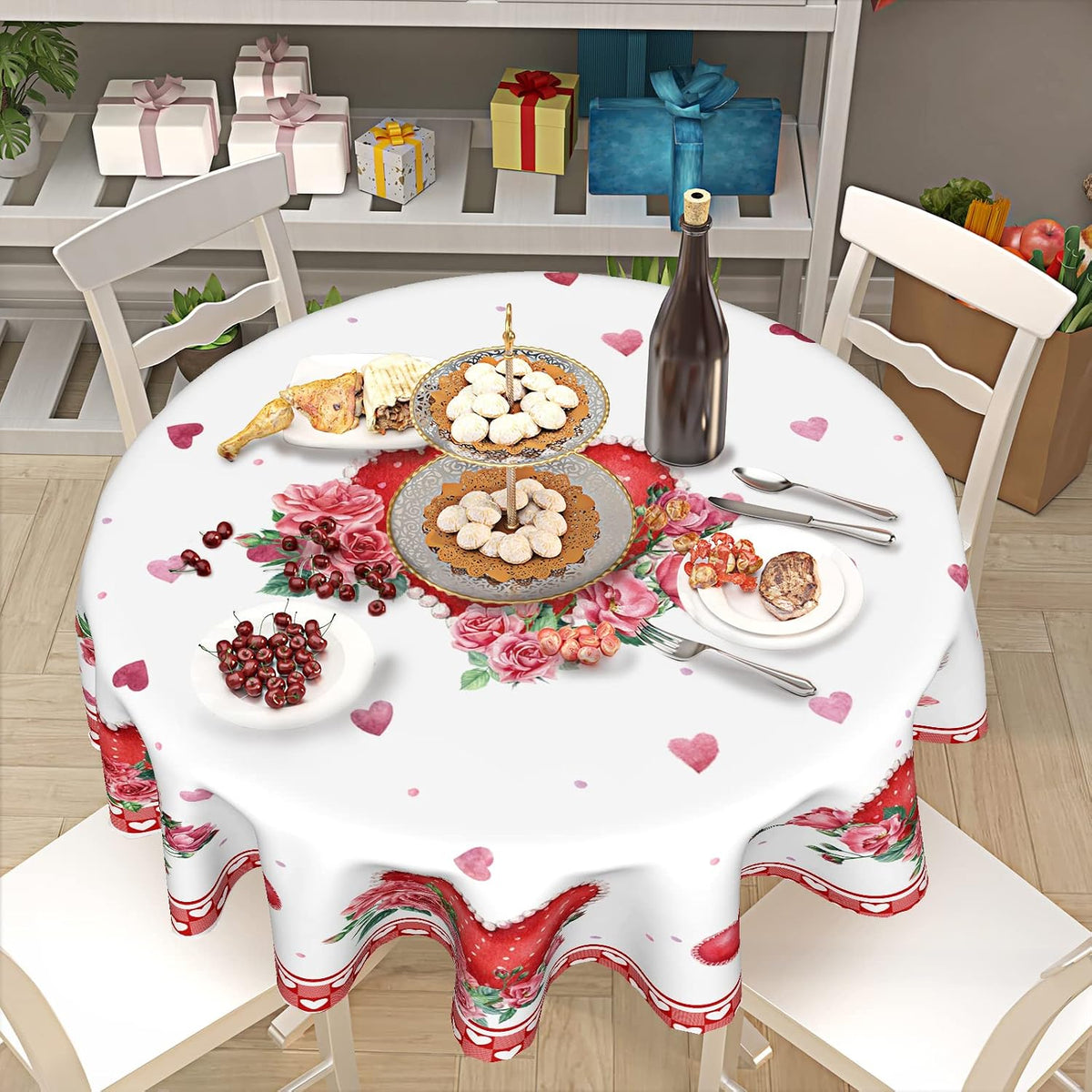 Valentines Day Round Tablecloth 60 Inch, Red Pink Hearts Rose Flower Circular Table Cloth with Check Plaid, Mothers Day Love Table Cover for Kitchen Dining Anniversary Decor