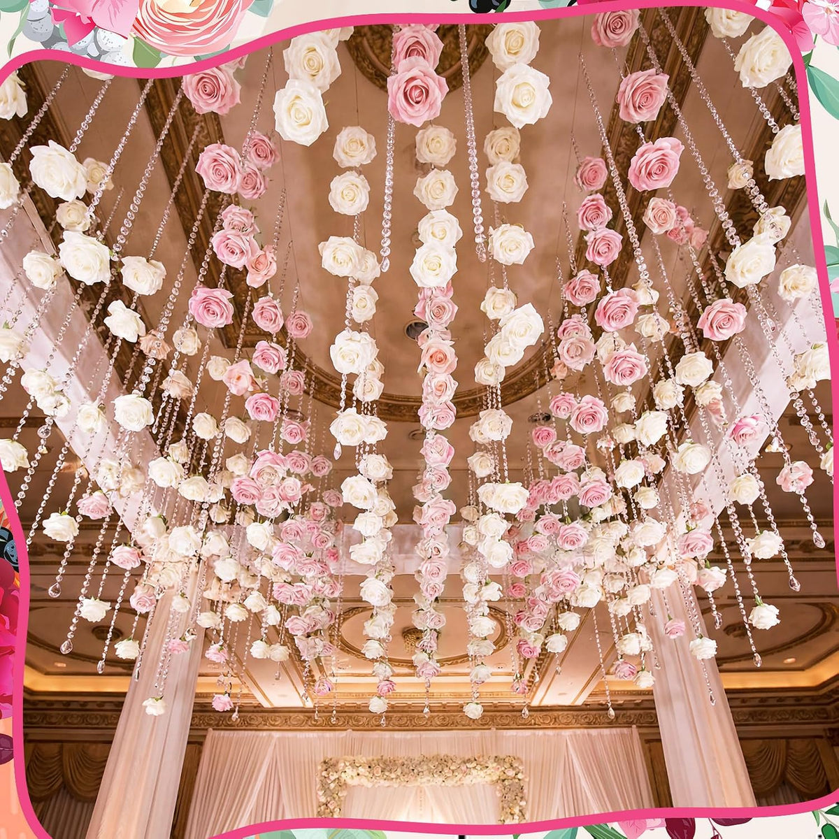 16pcs 31.4 Inch Wedding Rose Hanging Garland Crystal Beaded String Garland Artificial Rose Flower Decor for Wedding Engagement Bridal Shower Party Valentine's Day Party Decorations