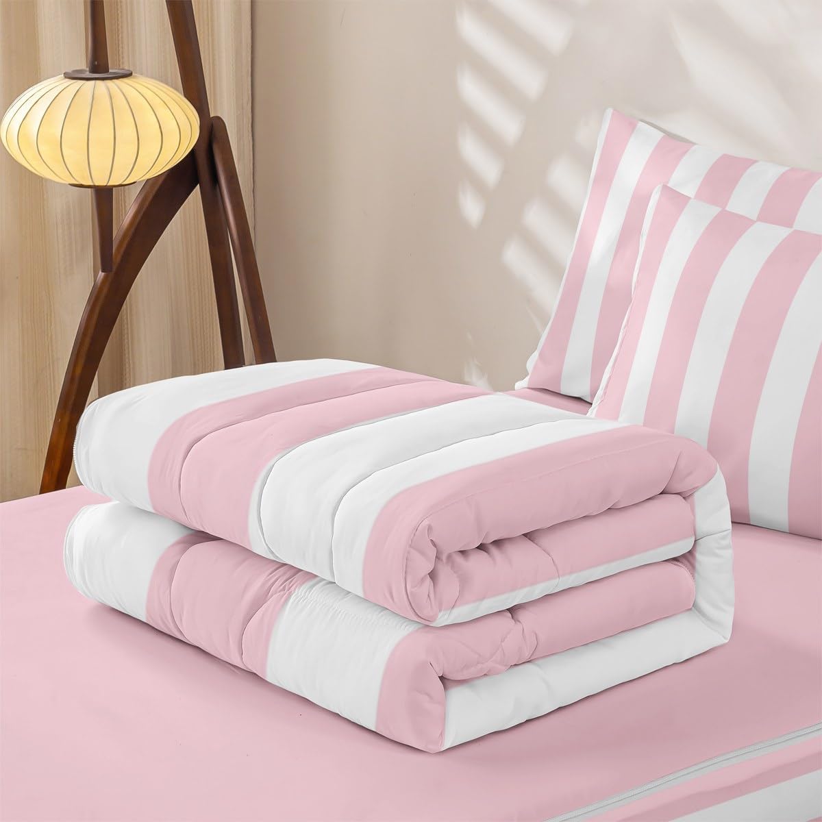 Modern Simple Pink Stripes Twin Size Zipper Bedding Sets,Modern Geometric Lines Kids Comforter Sets,Minimalist Complete Bedding Set,Pink Peach Bed in a Bag Set