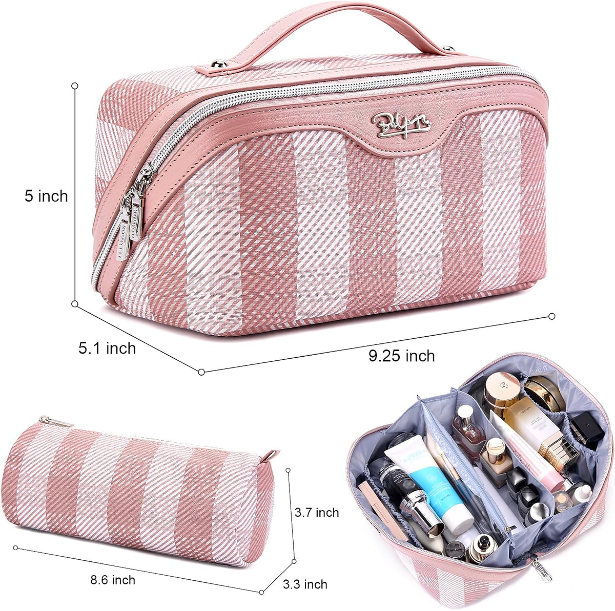 Travel Makeup Bag Organizer Cosmetic Bag: 3 Pcs Set Make up Bags for Women with Handle - Waterproof Vegan Leather Toiletry Bags Travel Essentials Pouch with Compartments (F-03-Pink)
