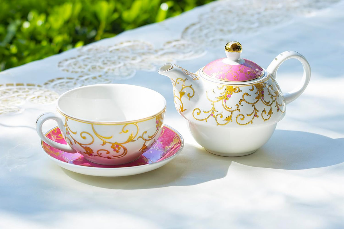 Grace Teaware Gold Scroll Fine Porcelain Tea For One Set (Pink), Regular