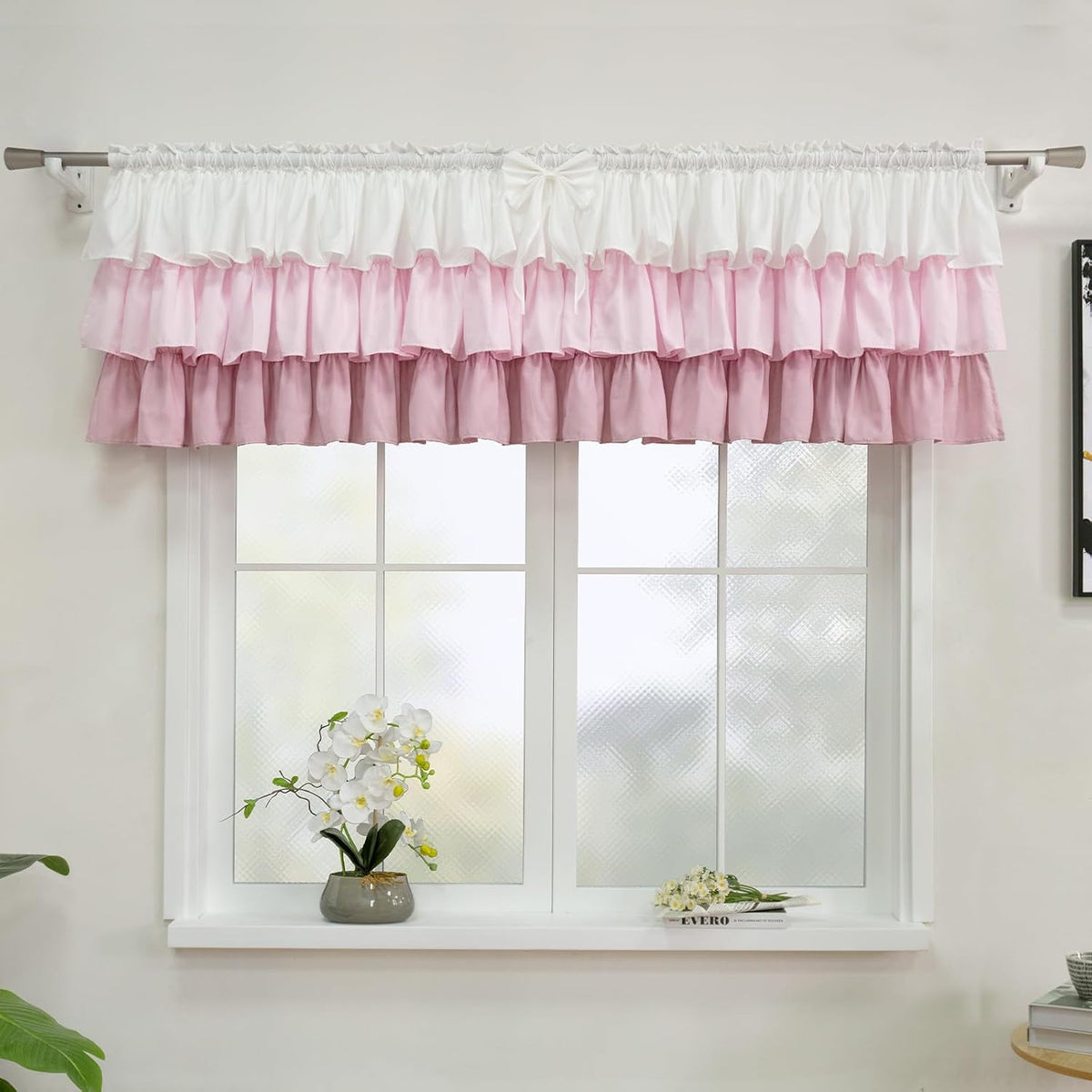 Ruffled Valance Farmhouse for Small Window White Pink Ombre 52W x 18L 1PC