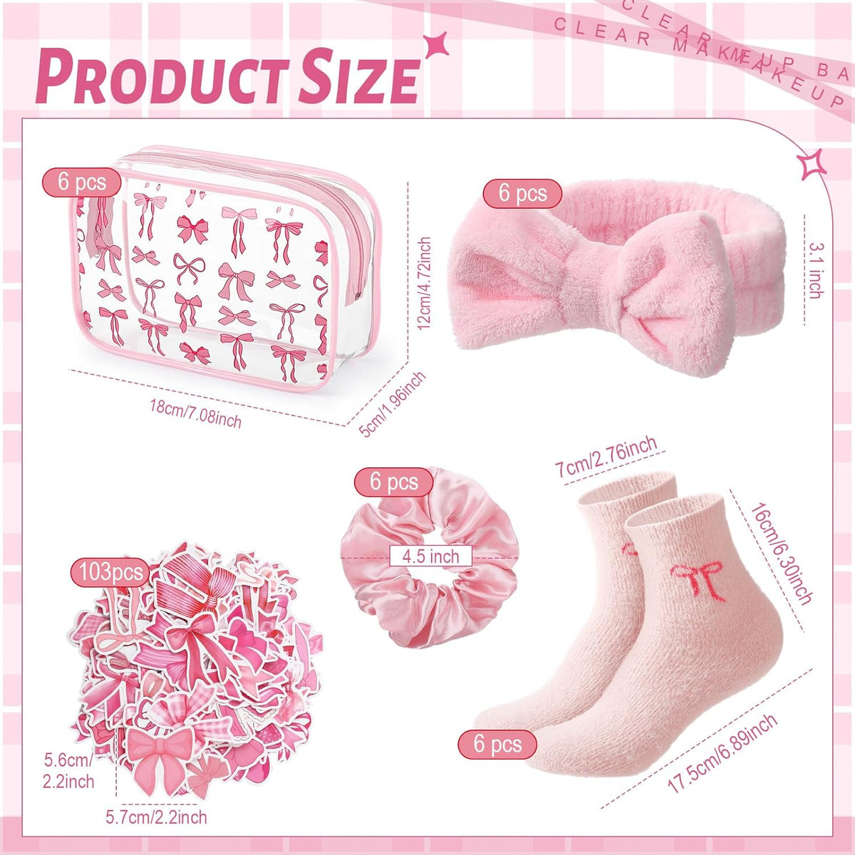 127 Pcs Pink Bows Sleepover Party Favor Supplies 6 Pink Coquette Preppy Makeup Bag 6 Hair Scrunchies Ties 6 Bow Socks 6 Headbands and Sticker Gifts Bulk for Women Bridal Shower