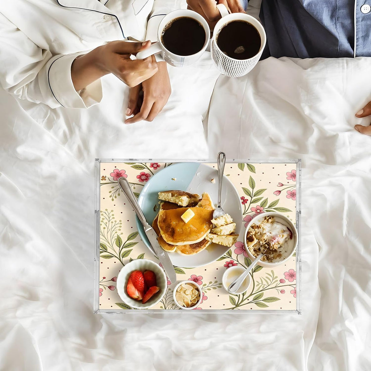 Soft Pink Floral Serving Tray 12" x 16" Acrylic Trays with Handles Decorative Serving Platter for Coffee, Breakfast in Bed, Dinner, Appetizers, Patio, Party