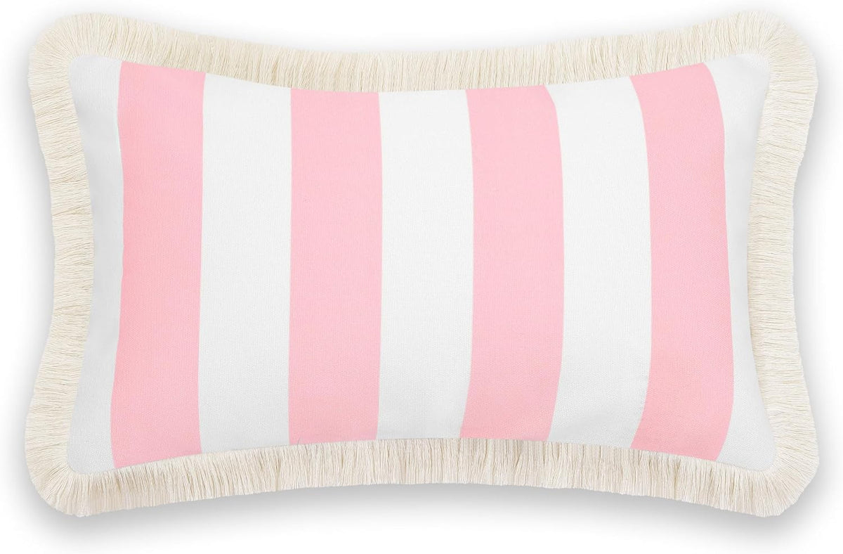 Coastal Patio Indoor Outdoor Lumbar Pillow Cover Only, 12"x20" Water Repellent for Backyard, Couch, Blush Pink Stripe Fringe