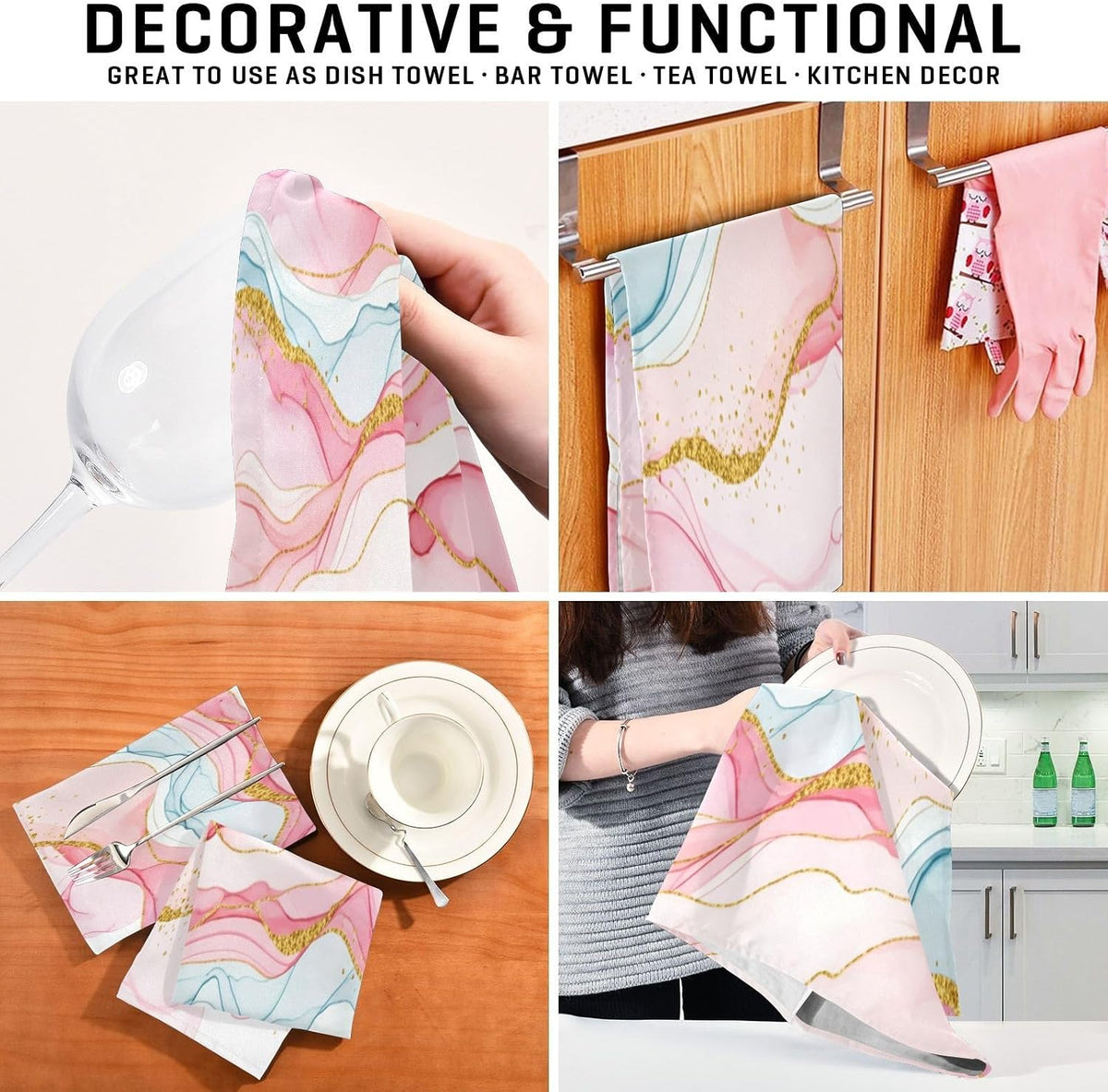 Art Pastel Pink Golden Sage Dish Towels Set Kitchen Decor Cute Tea Towels Rags Washcloths Absorbent Soft 18 x 28 Inch, 6 Packs