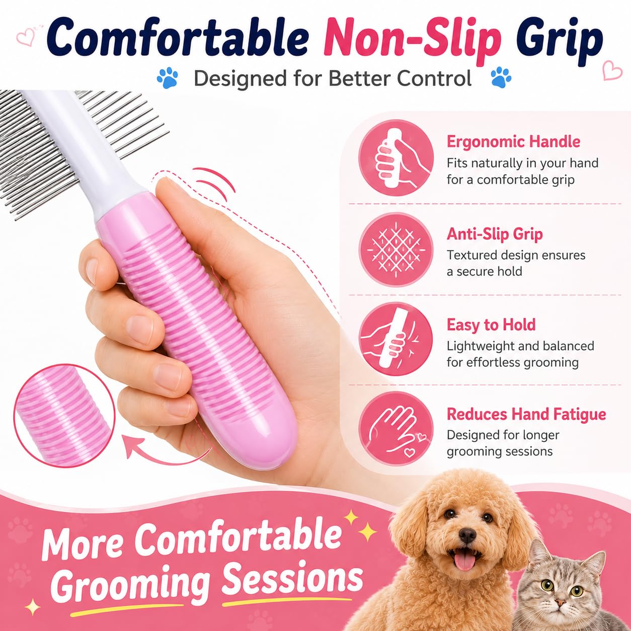 Dog Comb For All Dogs and Cats - Effortlessly Removes Mats, and Loose Fur - Safe, Easy Grooming for All Pets,Pink