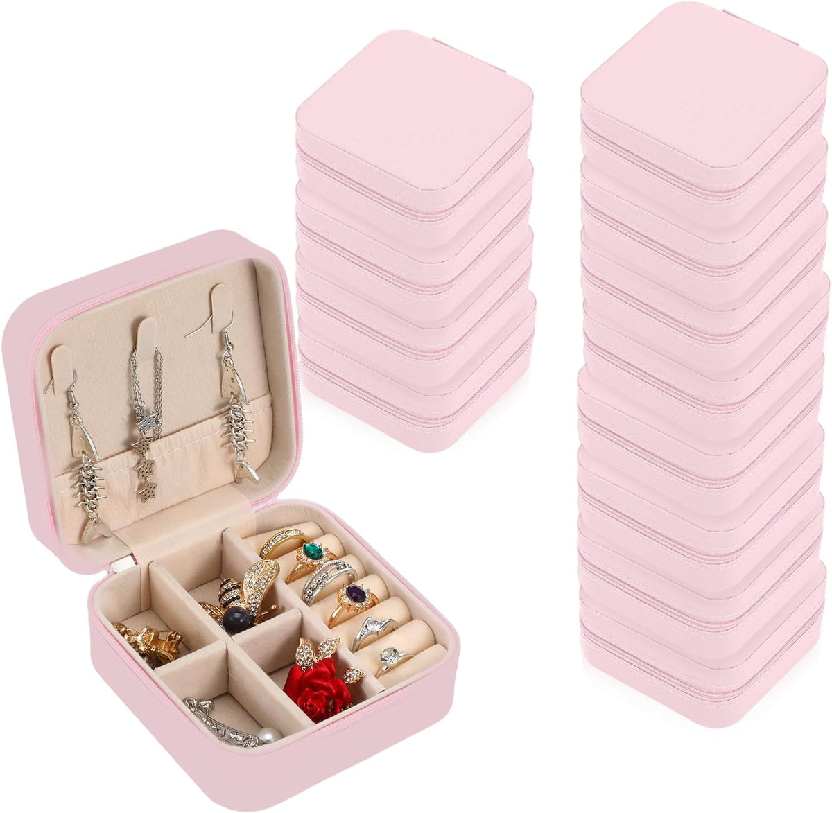 12pcs Mini Travel Jewelry Case,Bridesmaids Proposal Small Jewelry Box Mini Jewelry Organizer,Small PU Leather Portable Storage Box for Rings,Earrings,Necklaces,Bracelets(cherry blossom pink)