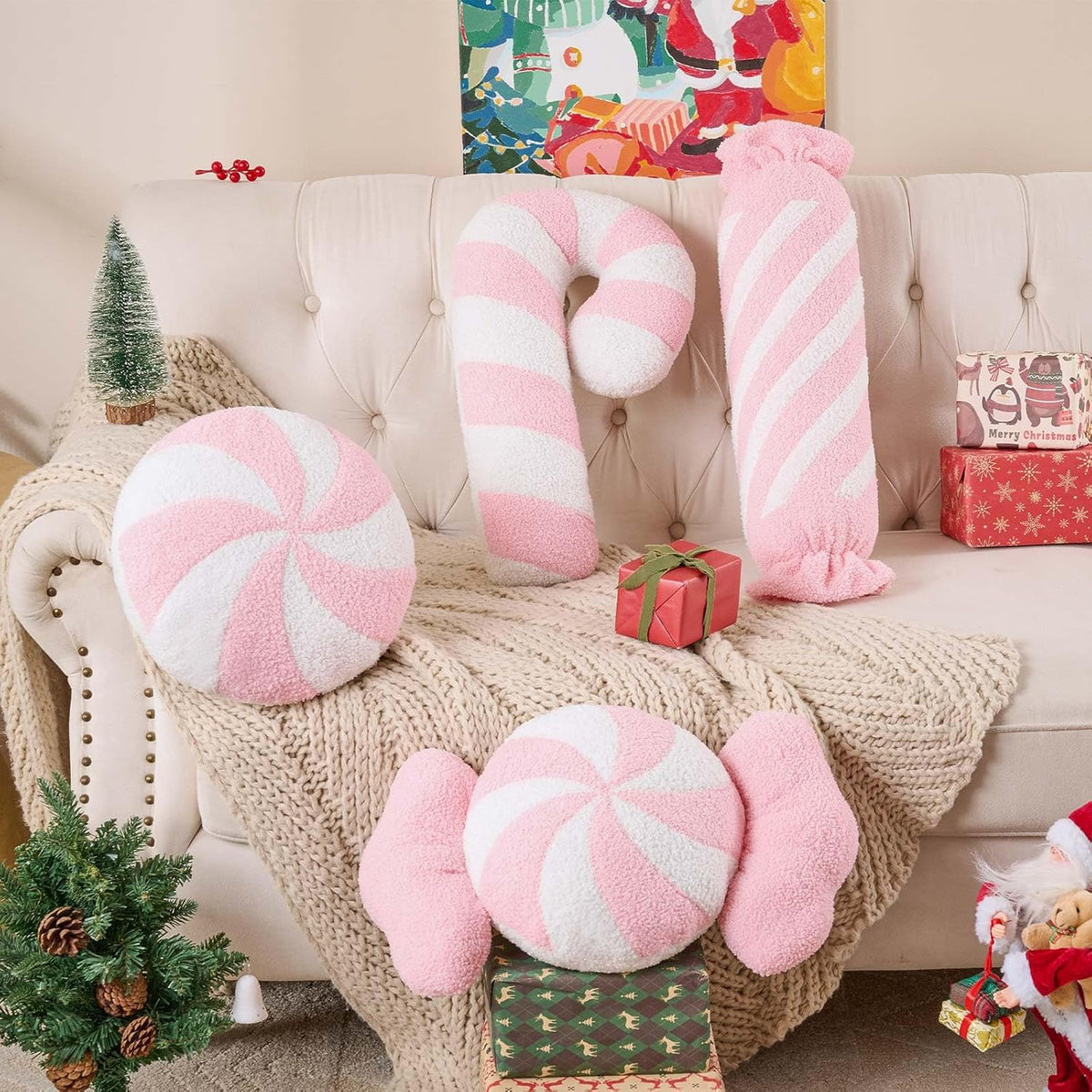 Christmas Candy Pillows Set of 4, Christmas Decoration Winter Throw Pillows Soft Fleece Cute Long Lumbar Candy Cane Bow Lollipop Peppermint Cushion for Sofa Bedroom Xmas Decor (Pink)