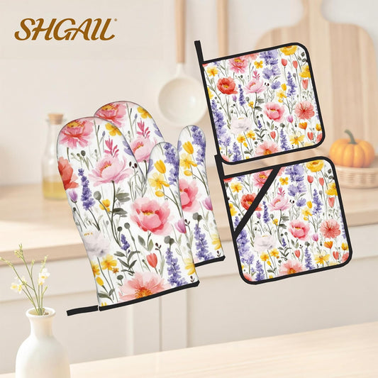 Pink Flower Oven Mitts and Heat Resistant Pads - Heat Resistant Gloves Potholder Set of 4 for Cooking, BBQ, Gifts for Women