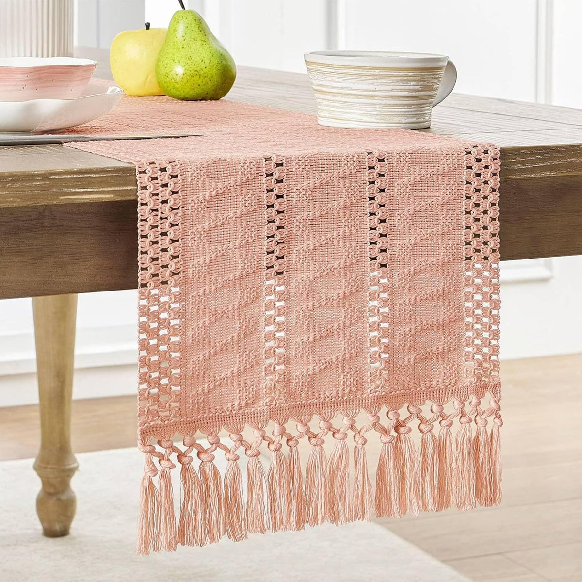 Boho Table Runner for Pink Tassel Home Decor 72 Inches Long, Rustic Macrame Cotton Linen Woven Coffee Table Runners for Wedding Party Baby Shower Dining Table Decoration, Pink