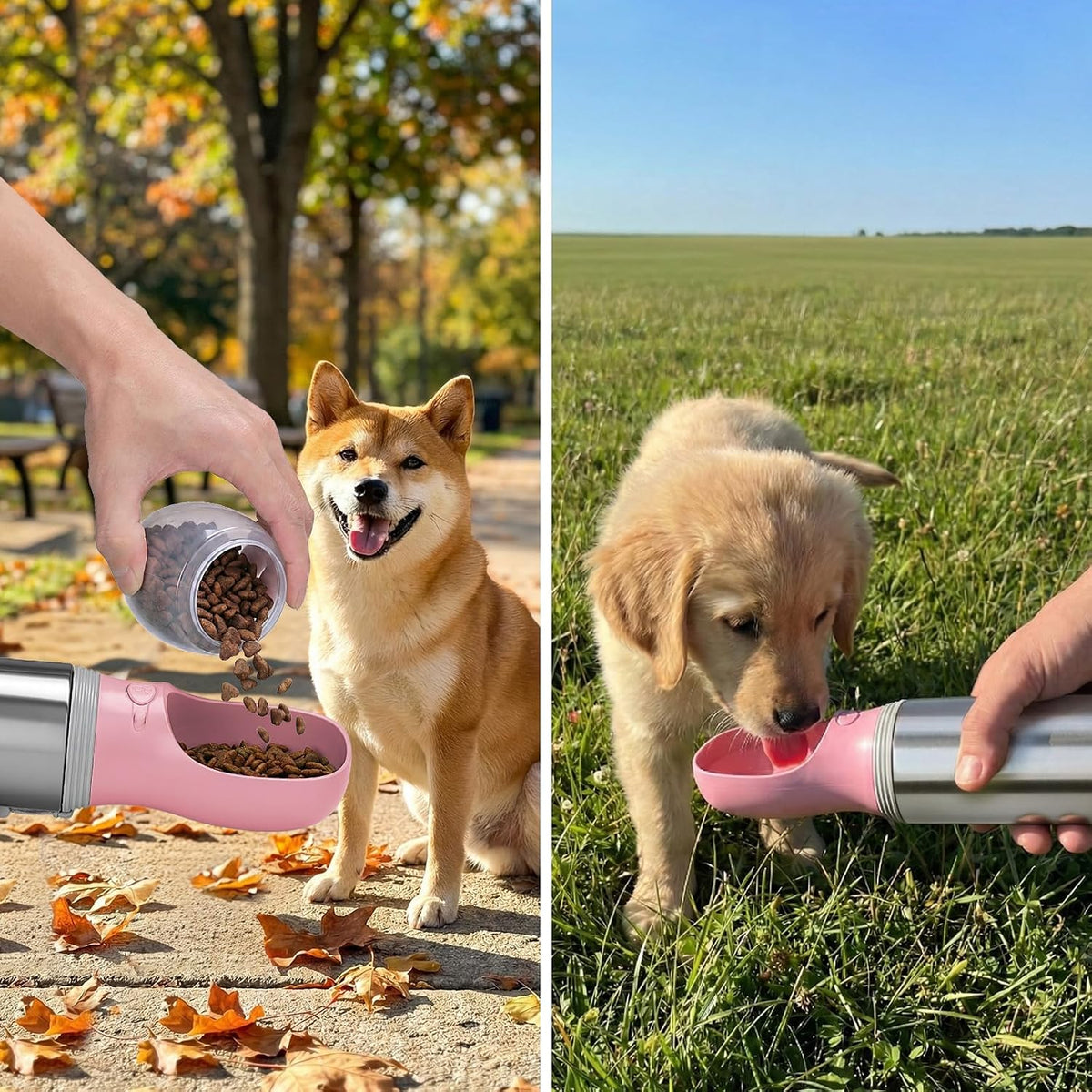 Portable Dog Water Bottle with Food Container, 14 OZ, Stainless Steel
