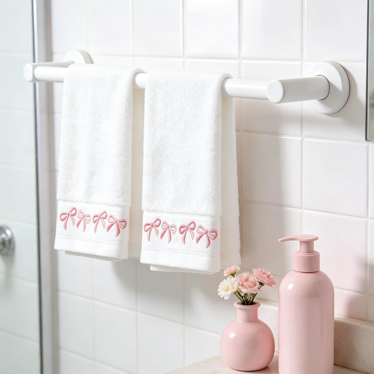 2 Pack White Pink Bow Hand Towels Embroidered Bowknot Absorbent Cotton Bath Towel for Bathroom Kitchen Bridal Shower Wedding Hand Drying Baking Cooking, 29.5 x 13.4 Inch
