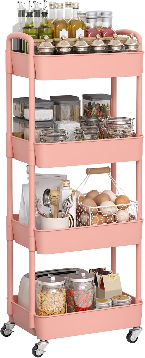 Sywhitta 4-Tier Plastic Rolling Utility Cart with Wheels for Storage, Pink