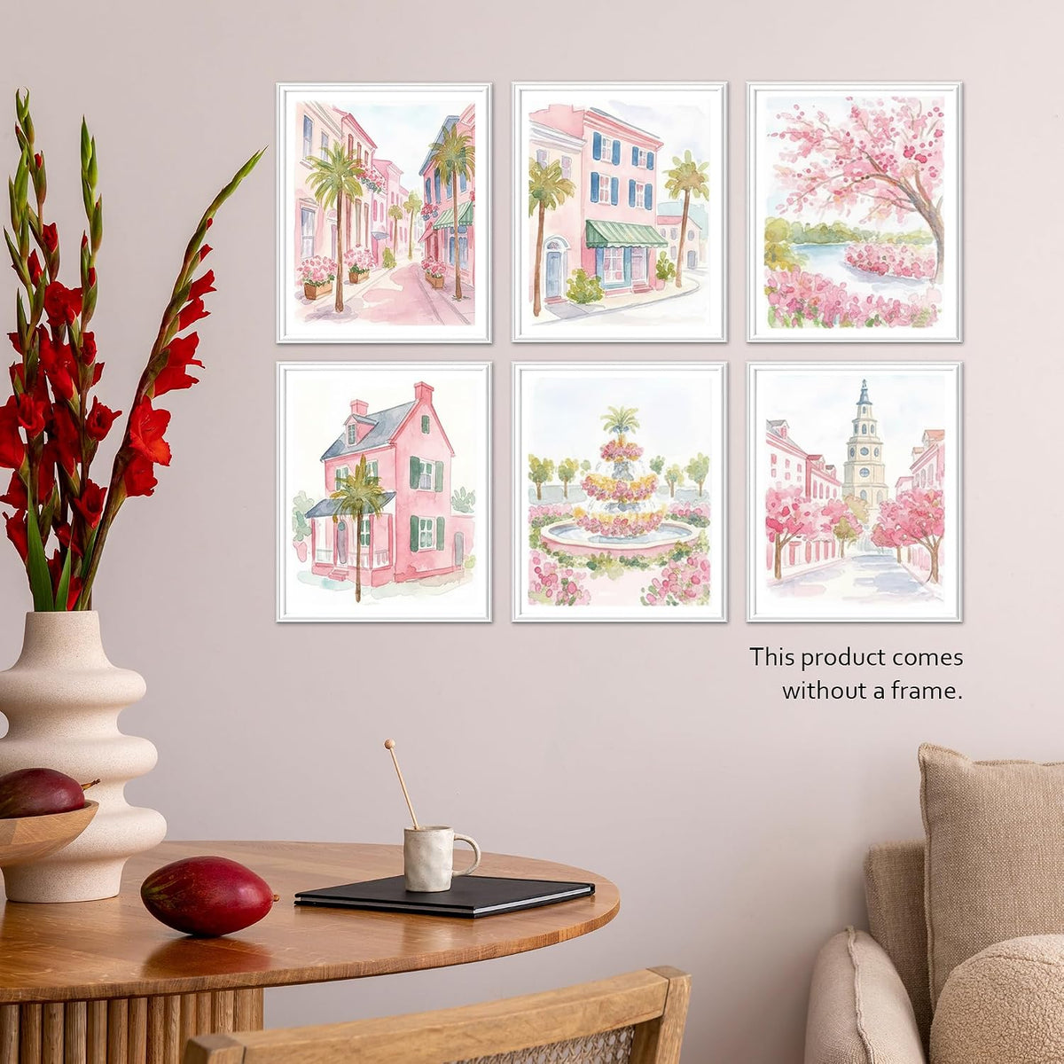 Preppy Pastel Pink Charleston Wall Art, Aesthetic Coquette South Carolina Poster For Girl, Trendy Girly Church Street Wall Decor For Bedroom Dorm College Nursery, Set Of 6 -A14