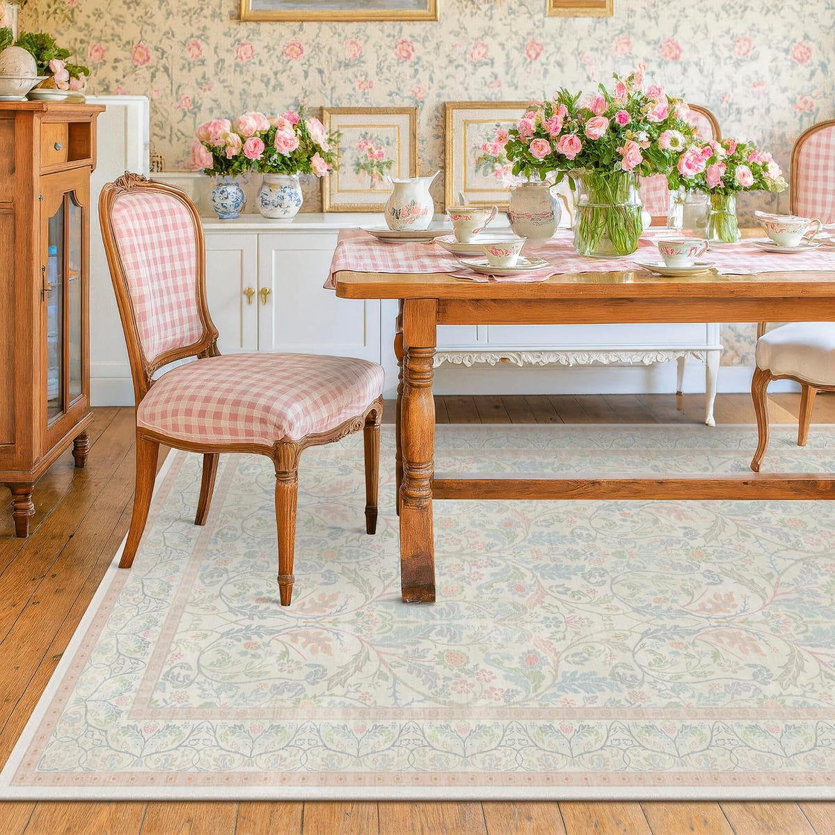 Washable Blue and Pink Rug 5x7 - Baby Girls Nursery Rug Non Slip, Soft Pastel Kids Playroom Decor Carpet, Light Blue and Green Oushak Floral Bedroom Living Room Dorm Carpet (Green and Pink)