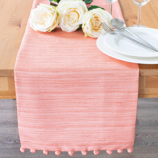 The White Petals Peach Dining Table Runners (13x72 inch, Pack of 1, Pom Pom Trim) Fabric Lined | Properly Finished, No Fray Edges | for Home, Kitchen, Dining Room, Holiday, Wedding Party Décor