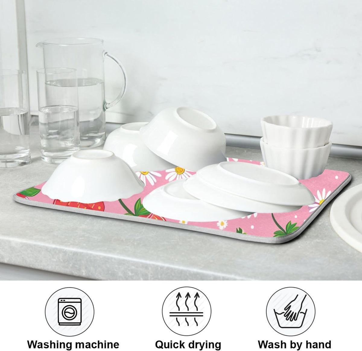 Cute Strawberry Pink Dish Drying Mats Flower Super Absorbent Cartoon Dish Dry Mat for Kitchen Counter Decor, 18" x 24"