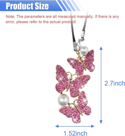 Bling Butterfly Diamond Car Hanging Accessories, Crystal Rear View Mirror Charms, Hanging Ornament Pendant Lucky Presents for Women, Interior Decoration Accessories (Pink)