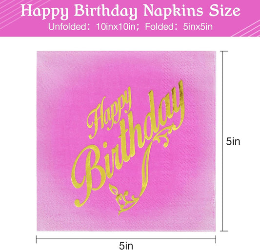 100 Pcs Happy Birthday Napkins 5x5 inches, 3-Ply Disposable Cocktail Napkins, Pink with Gold-Foil for Kids Birthday, Baby Shower Party