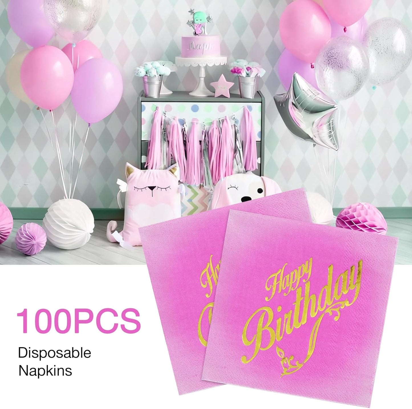 100 Pcs Happy Birthday Napkins 5x5 inches, 3-Ply Disposable Cocktail Napkins, Pink with Gold-Foil for Kids Birthday, Baby Shower Party