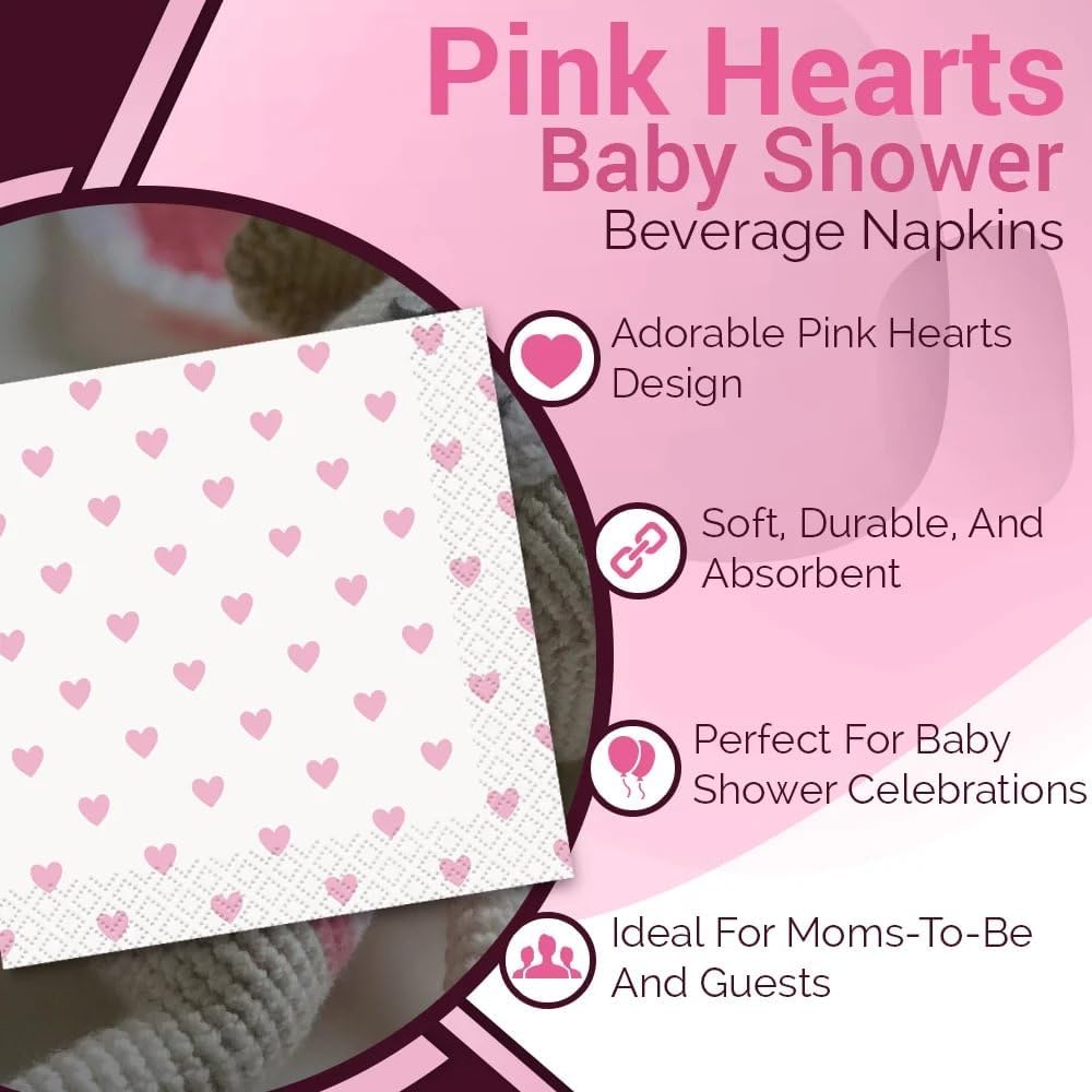 Pink Hearts Baby Shower Beverage Napkins (Pack of 16) - Charming & Elegant Party Decor for Your Celebration